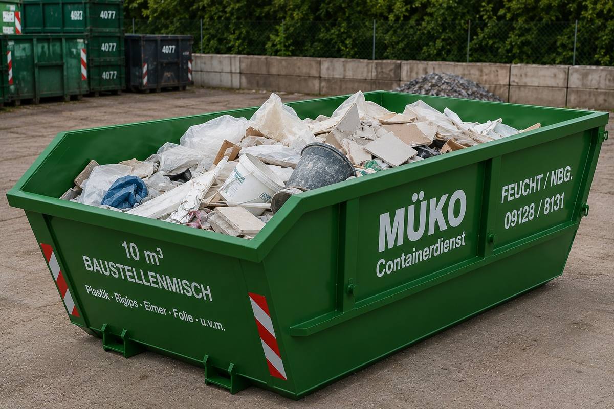 MÜKO Container mit 10 m³ Baustellenmischabfall: Folien, Rigips, Eimer